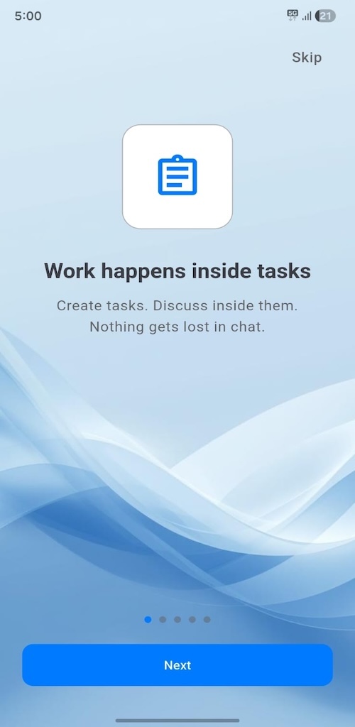 Onboarding — work happens inside tasks
