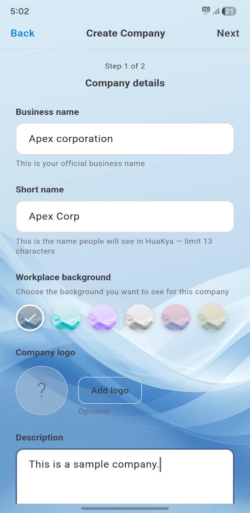 Create company — company details